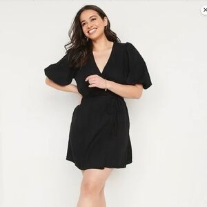 NWOT. Linen Blend, with cotton, black, puff sleeve wrap dress, size S, Old Navy